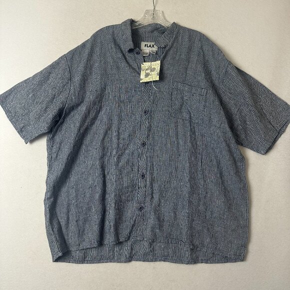 Flax shirt sz L Button Up‎  Short Sleeve blue gingham sustainable buttons linen - Picture 1 of 6
